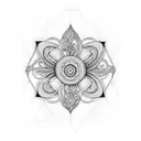 Seringa flowers intertwined with a pattern made of scissors, needles, and buttons tattoo design idea