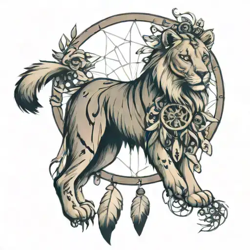 dream catcher with the image of a lioness and the names of children Evgeniy Alexander Ulyana tattoo design idea