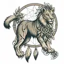 dream catcher with the image of a lioness and the names of children Evgeniy Alexander Ulyana tattoo design idea