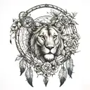 dream catcher with the image of a lioness and the names of children Evgeniy Alexander Ulyana tattoo design idea