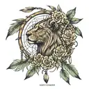dream catcher with the image of a lioness and the names of children Evgeniy Alexander Ulyana tattoo design idea