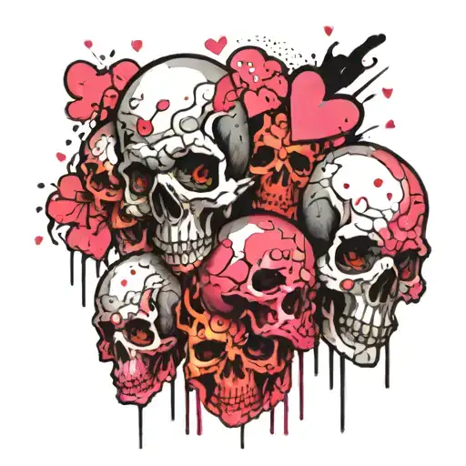 multiple flowy, vertically cascading skulls with pink hearts for eyes. surrounded by cascading cartoon- style sparkles  tattoo design idea