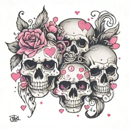 3 flowy, vertically placed skulls with pink hearts for eyes. surrounded by cascading cartoon- style sparkles and hearts  tattoo design idea