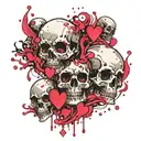 multiple flowy, vertically cascading skulls with pink hearts for eyes. surrounded by cascading cartoon- style sparkles  tattoo design idea
