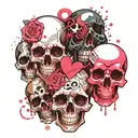 multiple flowy, vertically cascading skulls with pink hearts for eyes. surrounded by cascading cartoon- style sparkles  tattoo design idea