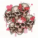 multiple flowy, vertically cascading skulls with pink hearts for eyes. surrounded by cascading cartoon- style sparkles  tattoo design idea