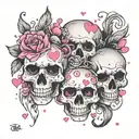 3 flowy, vertically placed skulls with pink hearts for eyes. surrounded by cascading cartoon- style sparkles and hearts  tattoo design idea
