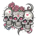 3 flowy, vertically placed skulls with pink hearts for eyes. surrounded by cascading cartoon- style sparkles and hearts  tattoo design idea