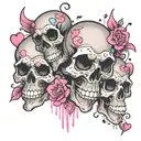 3 flowy, vertically placed skulls with pink hearts for eyes. surrounded by cascading cartoon- style sparkles and hearts  tattoo design idea