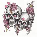 3 flowy, vertically placed skulls with pink hearts for eyes. surrounded by cascading cartoon- style sparkles and hearts  tattoo design idea