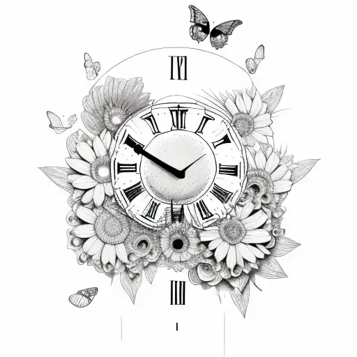 half of a broken clock with flowers and butterflies tattoo design idea