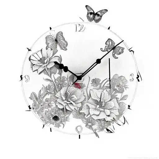 broken clock with flowers and butterflies tattoo design idea