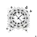 broken clock with flowers and butterflies tattoo design idea