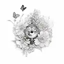 broken clock with flowers and butterflies tattoo design idea
