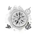 broken clock with flowers and butterflies tattoo design idea