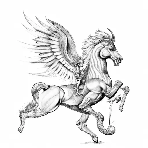 A dotwork representation of the Greek myth of Bellerophon and Pegasus battling the Chimera tattoo design idea
