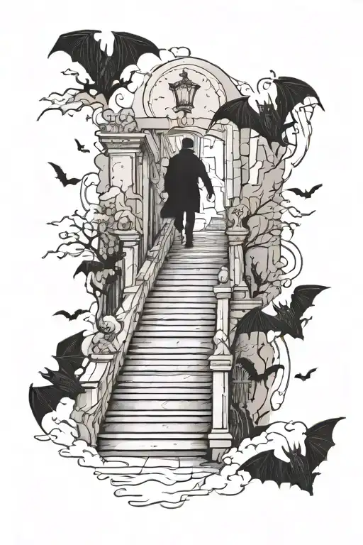 bats flying and a man walking up stairs tattoo design idea