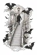 bats flying and a man walking up stairs tattoo design idea