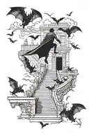 bats flying and a man walking up stairs tattoo design idea