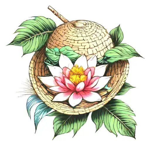 Vietnamese hat, coconut with straw and lotus leaf tattoo design idea