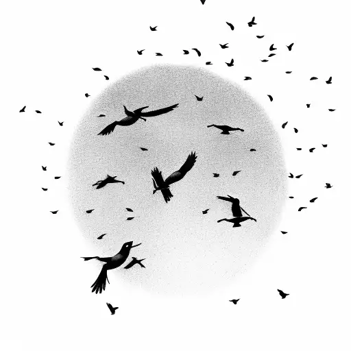 A cricket ball bursting into a flock of birds flying towards a beer bottle sunset, capturing the excitement of the game and the pleasure of a cold drink. tattoo design idea
