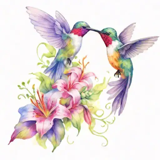 hummingbird, violet, lily, larkspur, morning glory tattoo design idea
