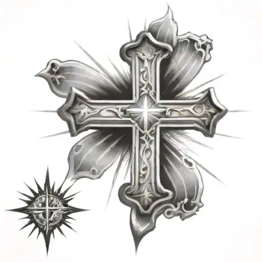 A catholic cross on a background of sunrays radiating outwards from the center of the cross.   tattoo design idea
