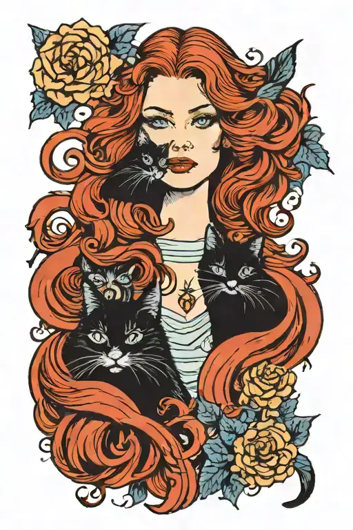 a red-haired woman with blue eyes and a long-haired black cat tattoo design idea