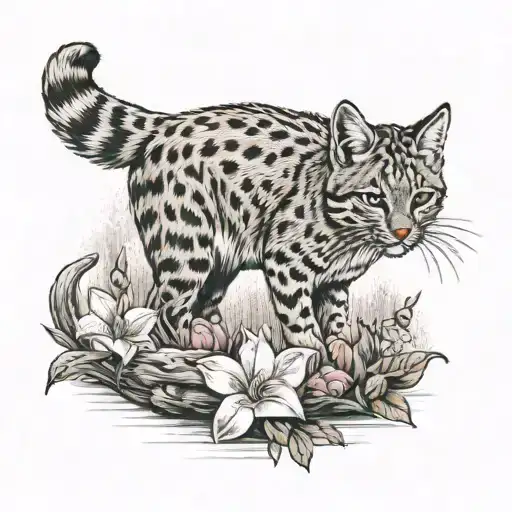 a bobcat and trillium flower in the shadow of a camp fire tattoo design idea