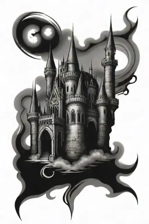 sharp edged, scary haunted gothic castle tattoo design idea