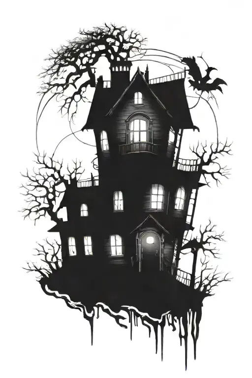 scary haunted house in the style of scary stories to tell in the dark tattoo design idea