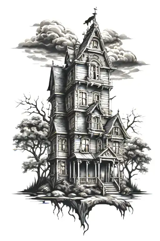 sharp edged, scary haunted house tattoo design idea