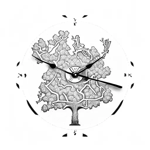 clock with oak tree tattoo design idea