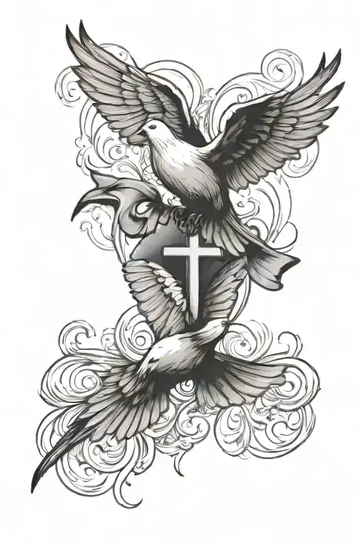 Cross and dove flying tattoo design idea