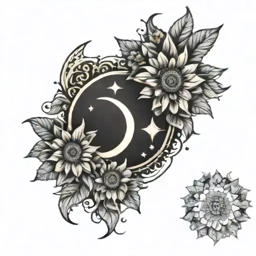 crescent moon above sunflowers mandala style   tattoo design idea