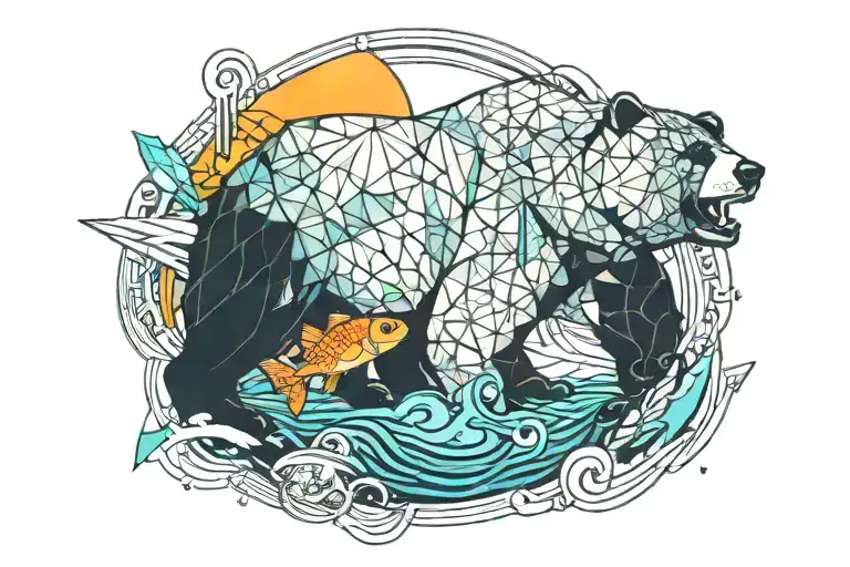 Bear with fish in mouth by river with volcano in background tattoo design idea