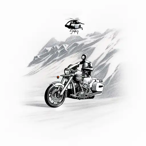 A motorcycle riding through a mountain range with a helicopter hovering above tattoo design idea