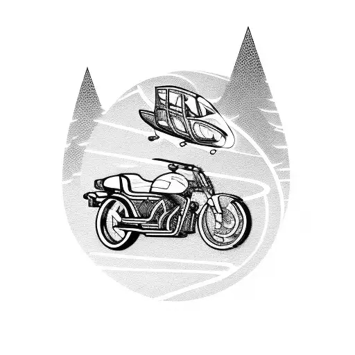 A motorcycle riding through a mountain range with a helicopter hovering above tattoo design idea
