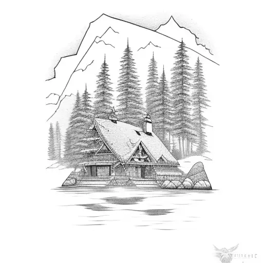 lake cabin surrounded by trees and mountains tattoo design idea
