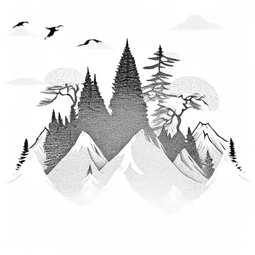 pine tree silhouette with a lake cabin in the middle and mountains above the cabin tattoo design idea
