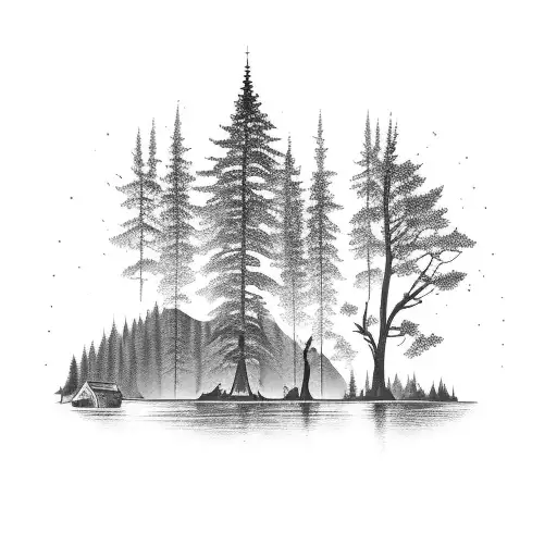 pine tree silhouette with a lake cabin in the middle and mountains above the cabin tattoo design idea
