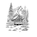 lake cabin surrounded by trees and mountains tattoo design idea