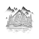 lake cabin surrounded by trees and mountains tattoo design idea