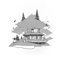 lake cabin surrounded by trees and mountains tattoo design idea