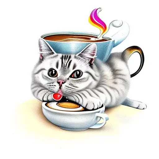 Fat cute cat with a cup of coffee tattoo design idea