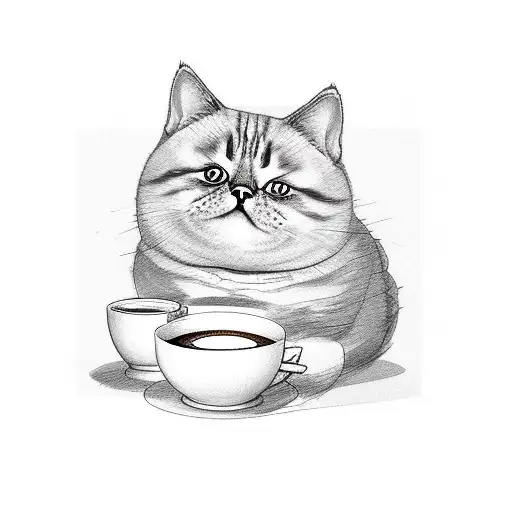 Fat cute cat with a cup of coffee tattoo design idea