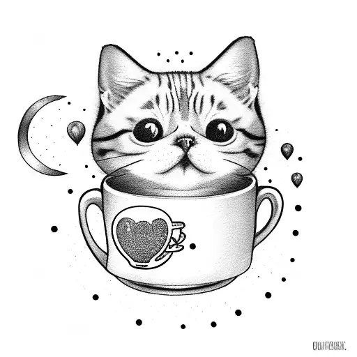 Fat cute cat with a cup of coffee tattoo design idea