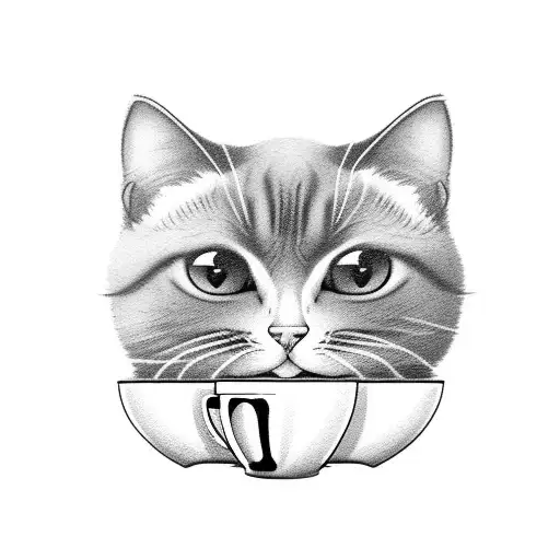 Fat cute cat with a cup of coffee tattoo design idea