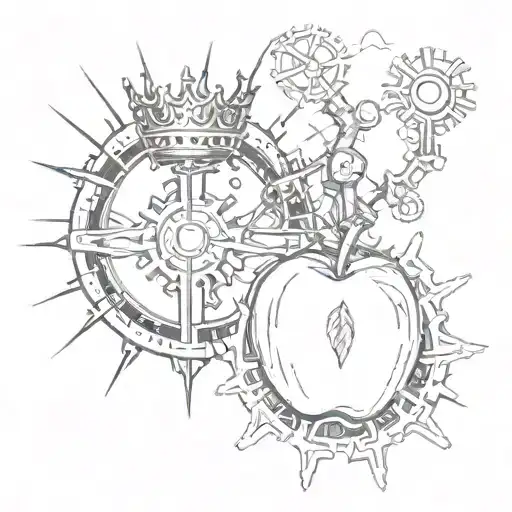sketch of an apple and a crown with Tesla coils next to them and gears and roots in the background tattoo design idea