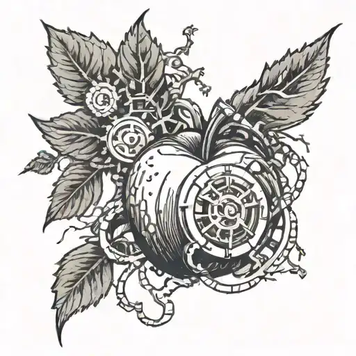 sketch of an apple and a crown with Tesla coils next to them and gears and roots in the background tattoo design idea